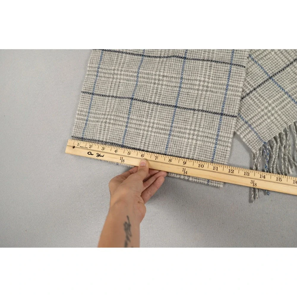 Enzo Mantovani Womens Mens Scarf 100% Cashmere Glen Plaid Fringe Grey Blue